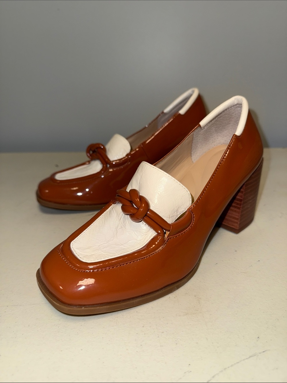 ANTONIO MELANI Brown and Cream Patent Block Heel Loafer